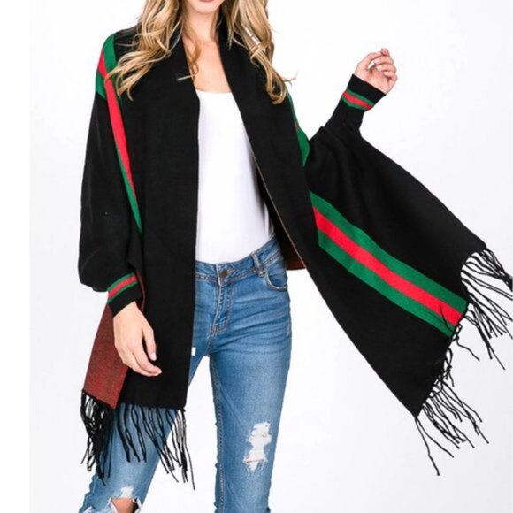 James Ascher Black Poncho Shawl w/fringe, Italian Red/Green Stripes, one size - Picture 1 of 2